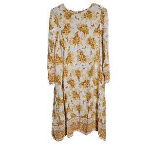 Vintage Cottagecore Floral Long Sleeve Dress Size 40 Peasant Boho Yellow Midi